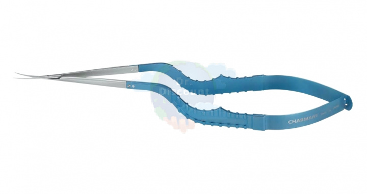 Микроножницы с байонетной ручкой 1 типа, закругленным кончиком, изогнутым лезвием 18 мм, прямые, общ. длина 20 см, раб. длина 10 см